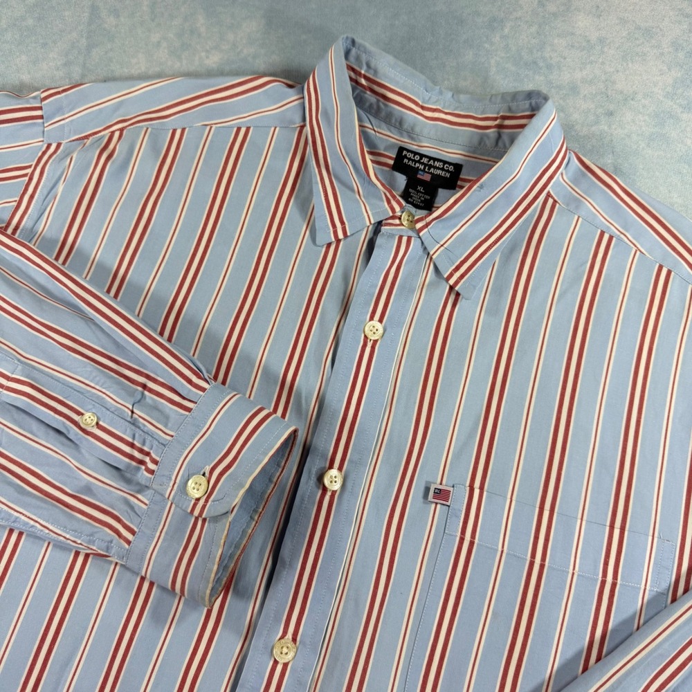 Polo Jeans Co Ralph Lauren Button Down Mens XL Blue Red Stripe Excellent Vintage